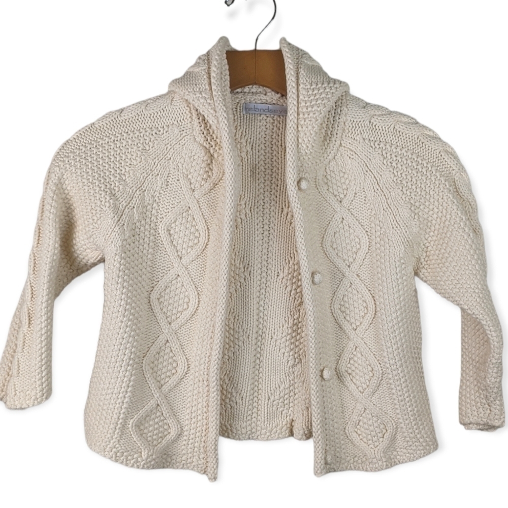 Ireland's Eye Chunky Cable Knit Cardigan Pom Hoodie Fisherman Sweater 4-5